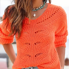 V Neck Knit Sweater Long Sleeve Solid Sweater