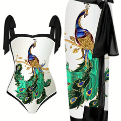 Peacock Print Swimsuit & Cover Up Set