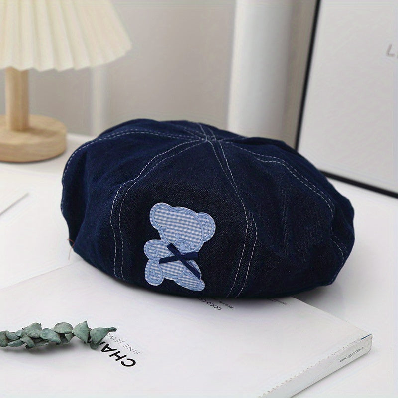 Vintage Denim Painter Cap with Cartoon Bear Patch Beret