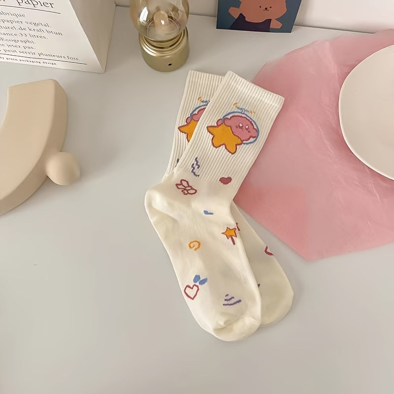 5 Pairs Soft Pink & Cartoon Crew Socks Pack Women's Stockings