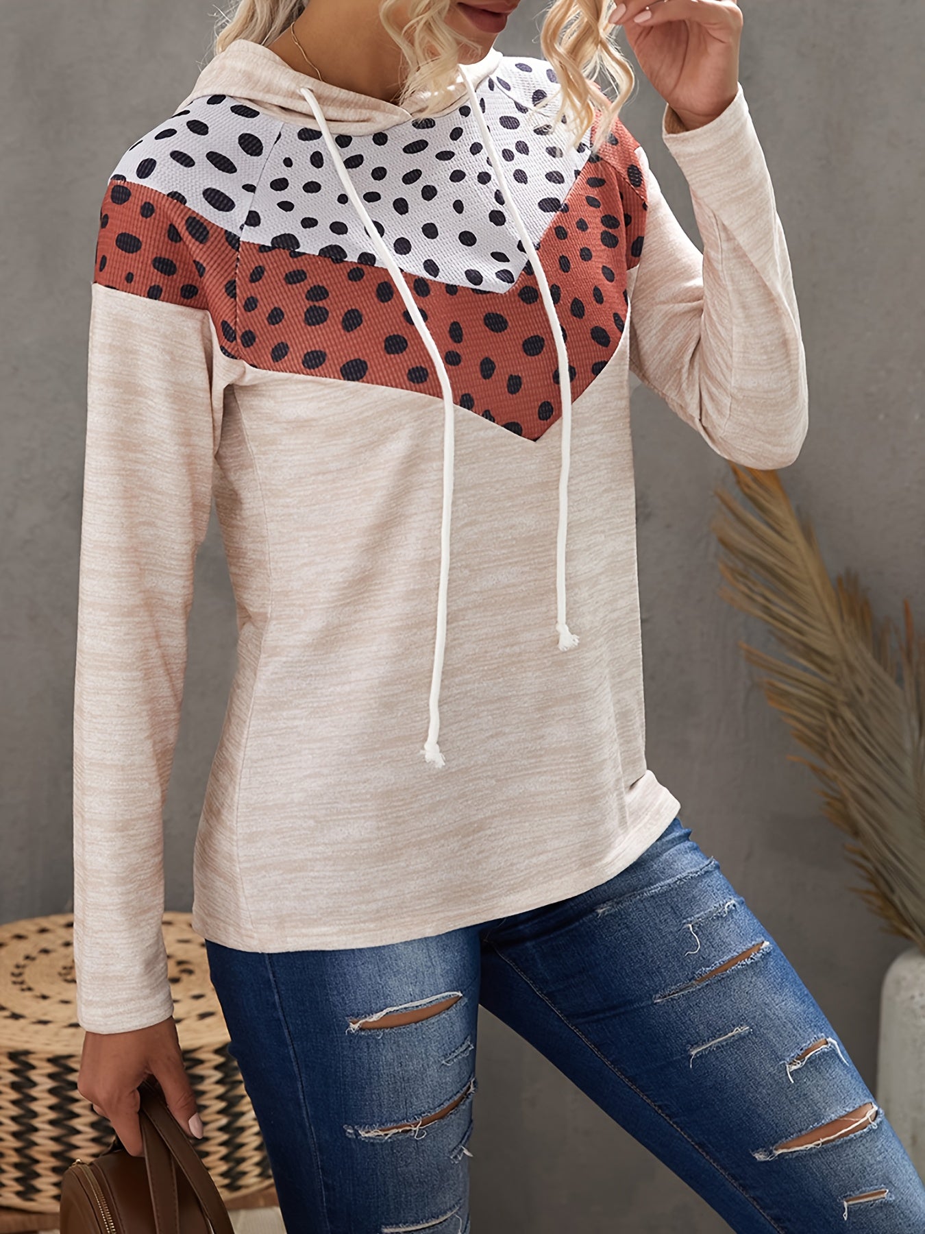 Leopard Polka Dot Print Drawstring Hoodie Sweatshirt