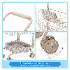 Floral Shopping Cart Toy with Storage Bags Foldable Dollhouse Grocery Cart