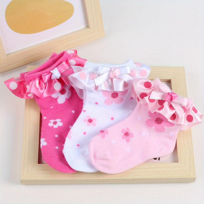 3 Pairs Baby Girls Ruffle Lace Flower Short Crew Socks Sweet Bow Dress Socks