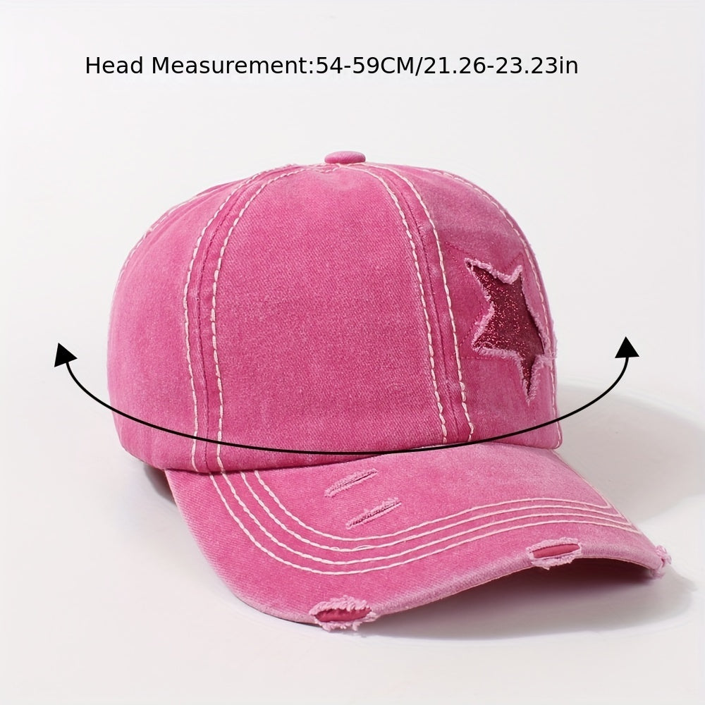 Glitter Star Ripped Baseball Cap Ponytail Washed Distressed Dad Hat