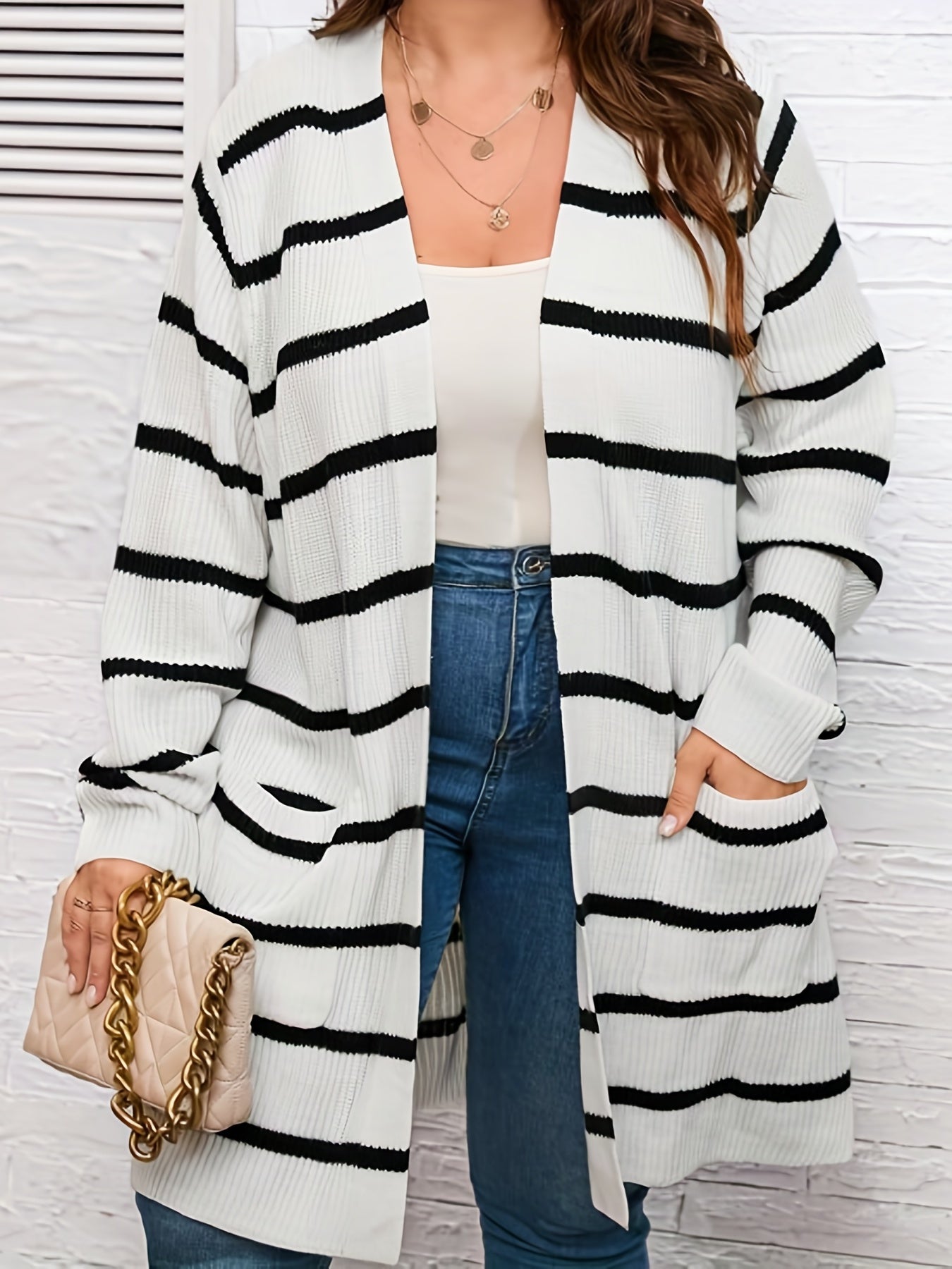 Stripe Print Open Front Cardigan With Pockets