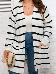 Stripe Print Open Front Cardigan With Pockets