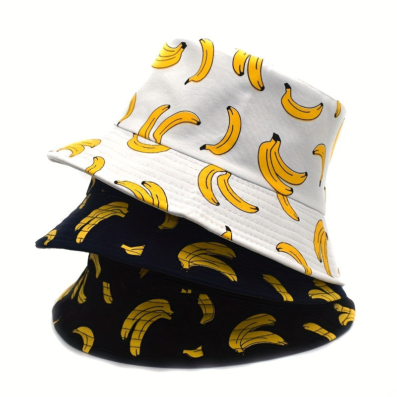 Cartoon Banana Print Bucket Hat Cotton Summer Sun Women Basin Cap