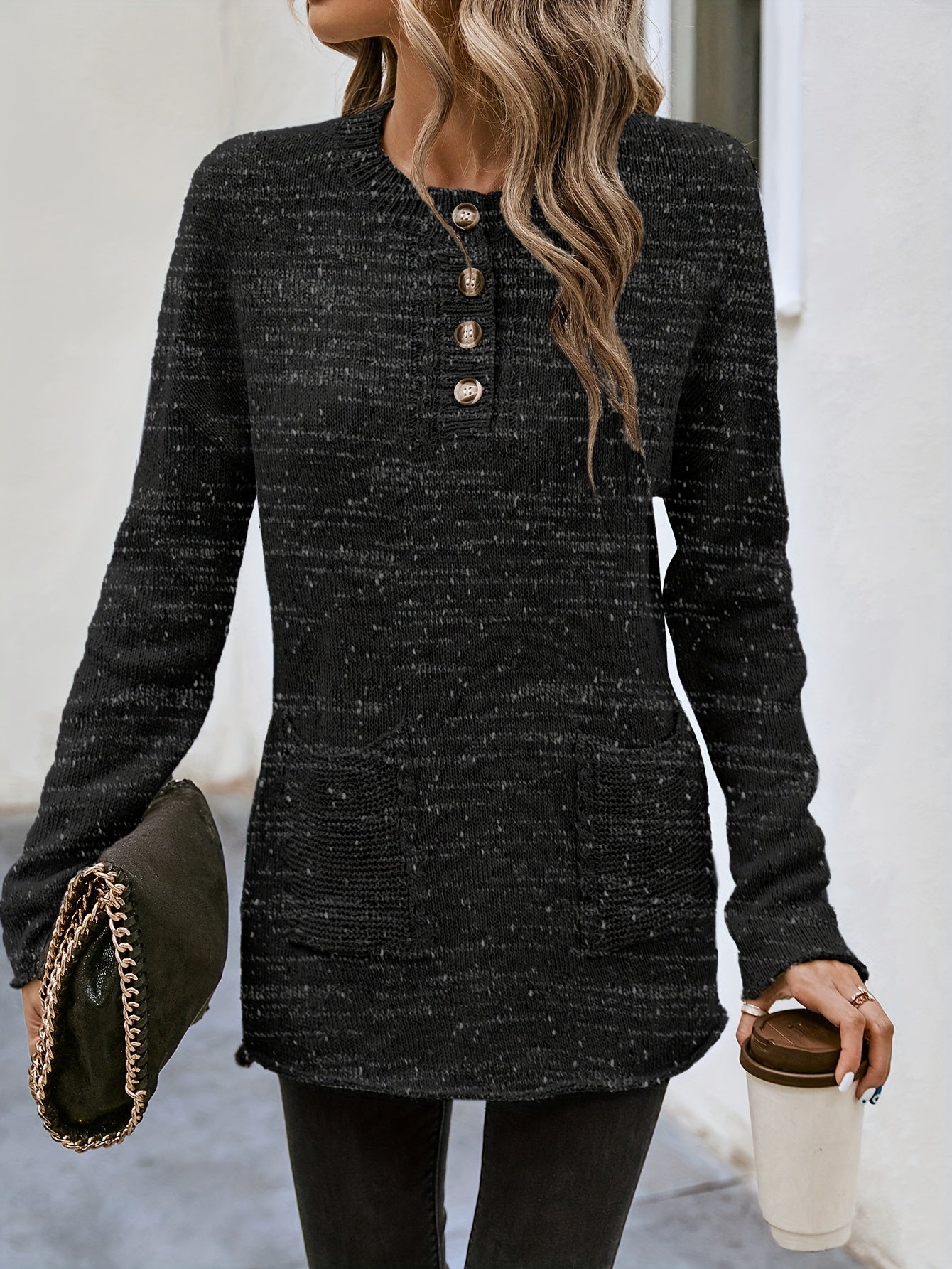 Solid Button Front Pullover Sweater Long Sleeve Casual Fall Winter Women's Cloth
