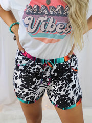 Leopard Splicing Shorts Casual Drawstring Elastic Waist Workout Shorts