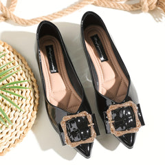 Rhinestone Buckle Point Toe Flat Shoes Lightweight Faux Leather Dress Shoes