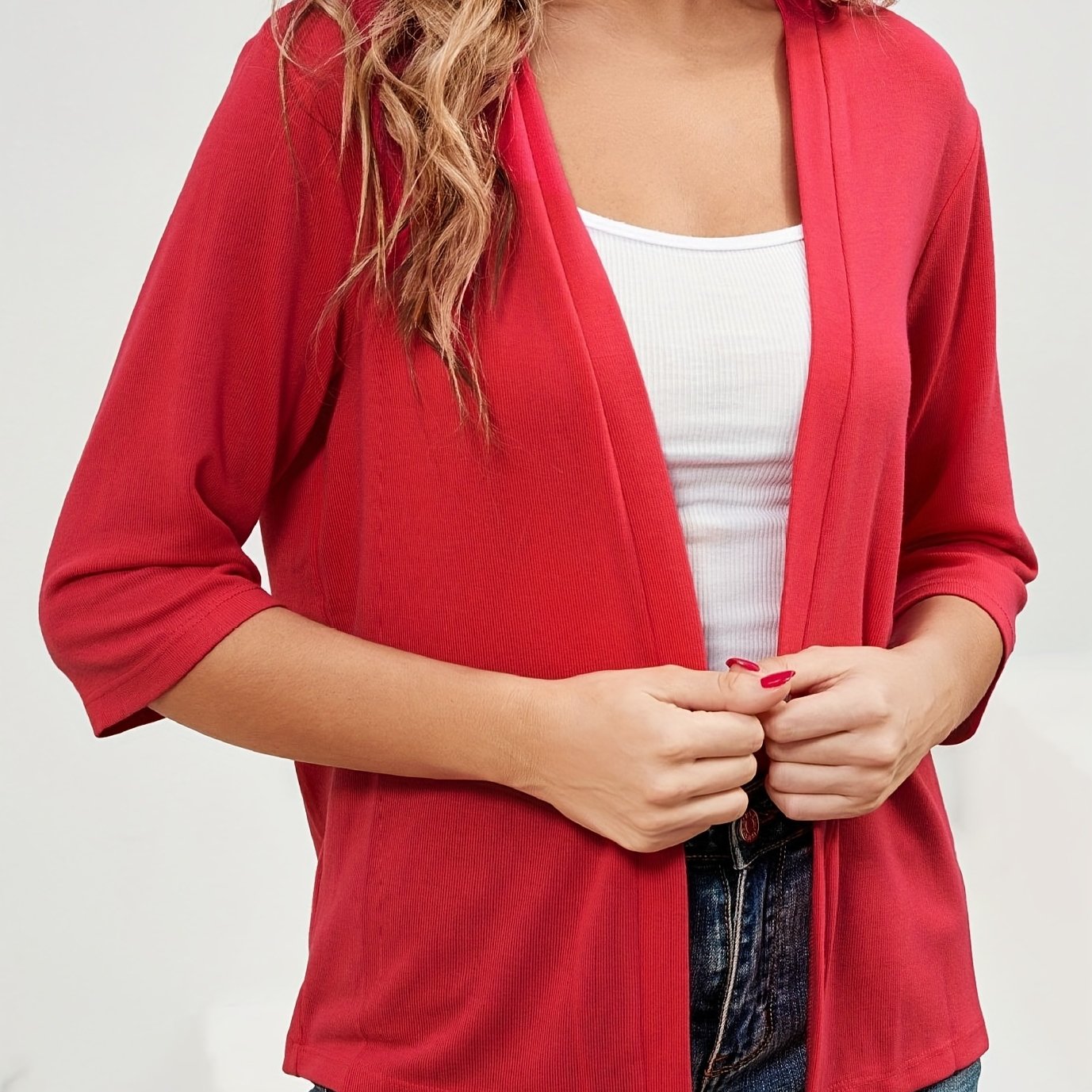 Basic Cardigan Women's Plus Plain Open Front Thin Cardigan