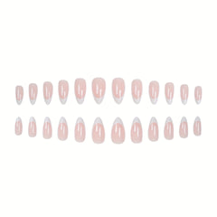 24pcs Glossy Pink French Tip Press On Nails Short Full Cover Almond False Nails