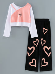 Girls Patchwork Top & Heart Print Pants Set