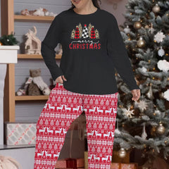 Christmas Pajama Set Women's Tree & Slogan Print Top & Striped Pants