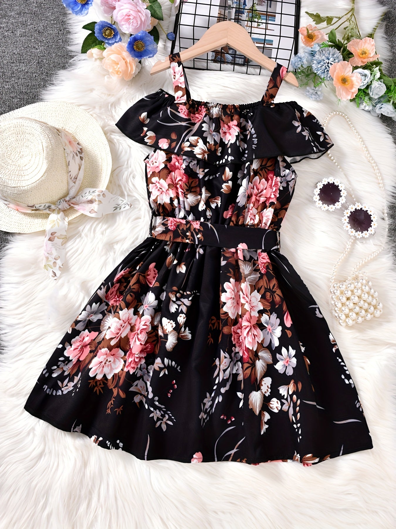 Girls Cold Shoulder Ruffle Trim Flowers Graphic Princess Dress