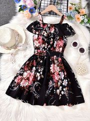 Girls Cold Shoulder Ruffle Trim Flowers Graphic Princess Dress