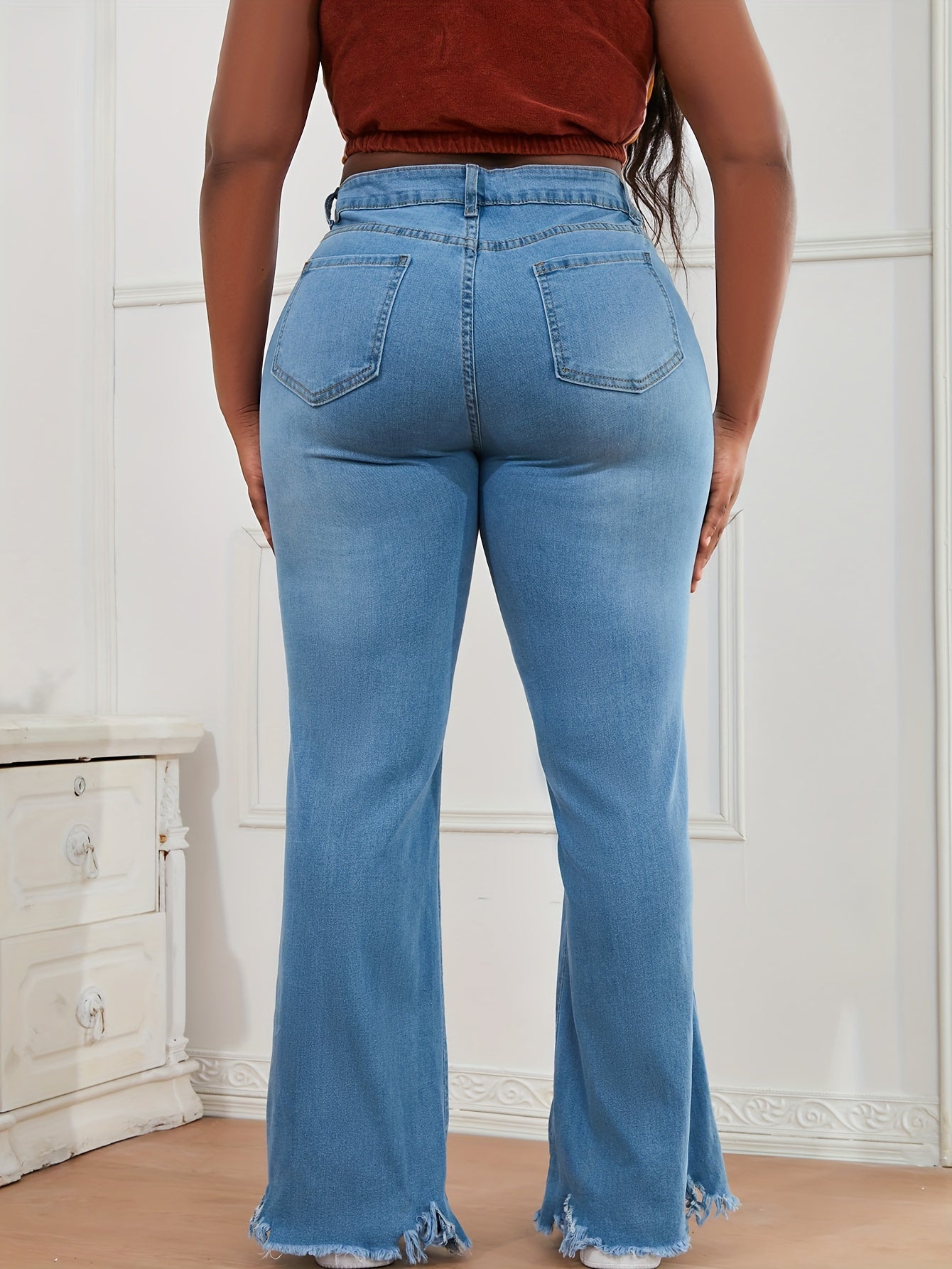 Washed High Rise Fringe Flare Jeans