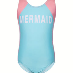 Girls Mermaid Print One piece Swimsuit Backless Colorblock Sports Swimsuit