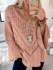 V Neck Hollow Out Solid Knit Sweater Long Sleeve