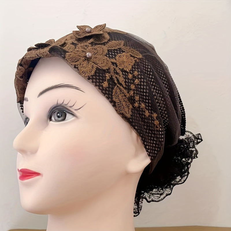 Flower Embroidery Turban Cap Faux Pearl Decor Lace Beanie Ramadan Head Wrap
