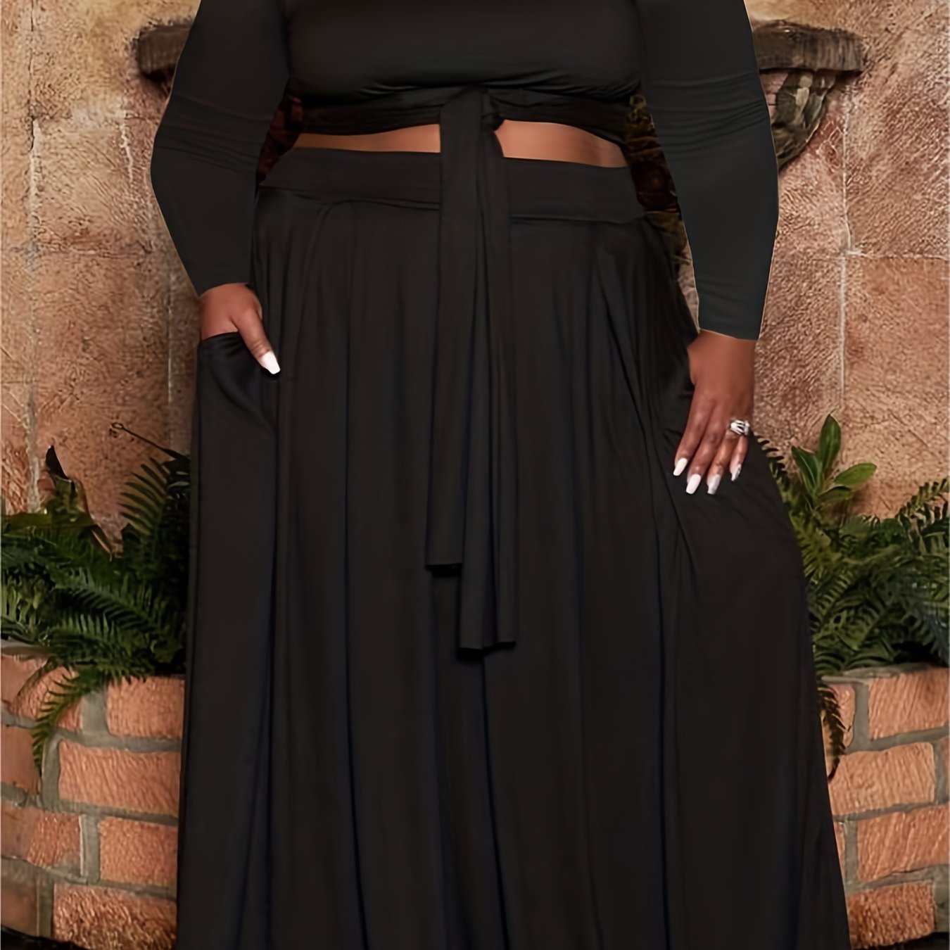 Solid Long Sleeve Crop Top & Maxi Skirt Two Piece Set