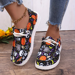 Halloween Multicolor Pumpkin Skeleton Ghost Print Low Top Skate Shoes