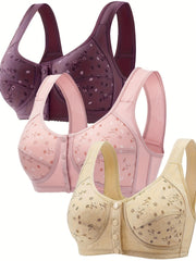 Floral Print Wireless Bra Front Buckle Push Up Bra Women's Lingerie