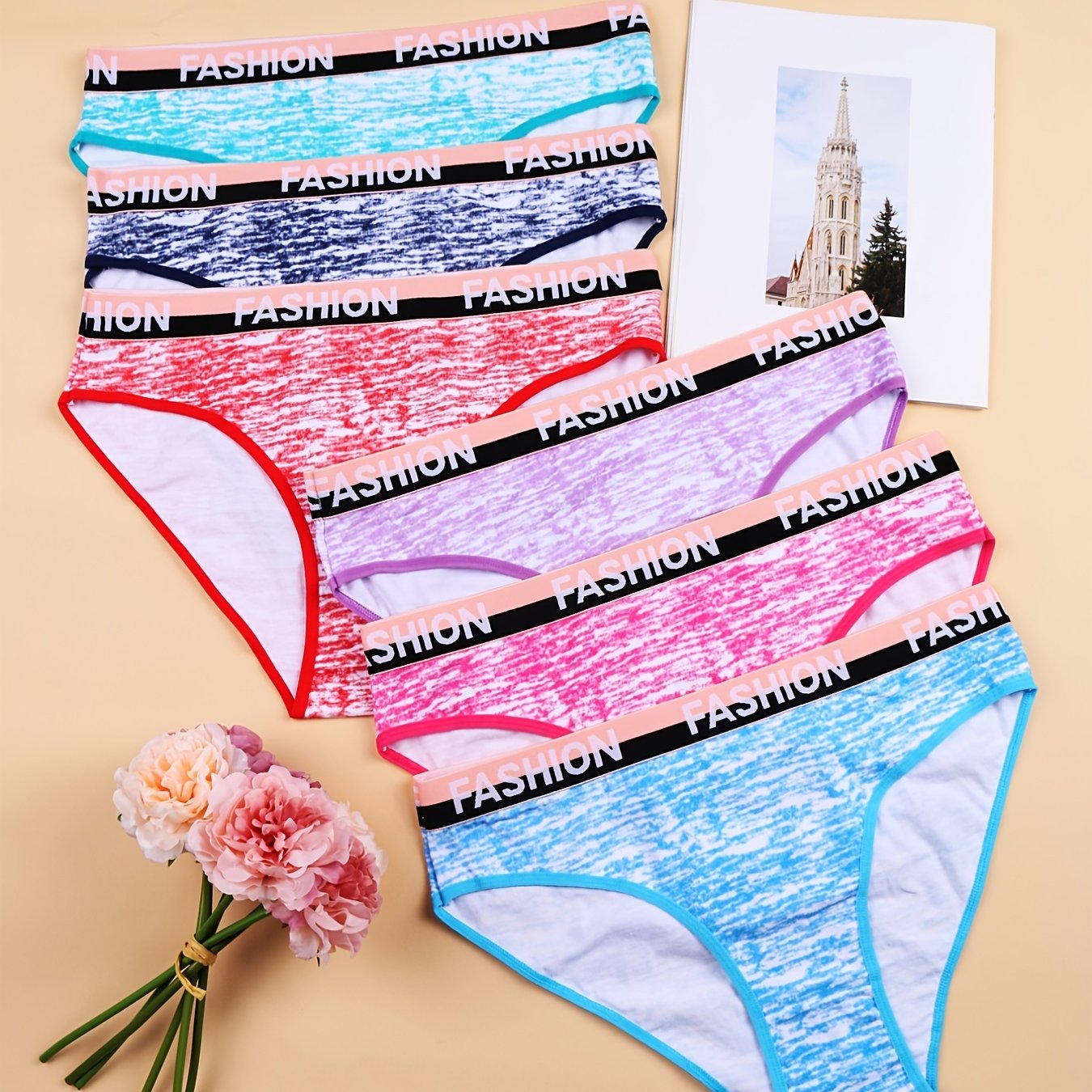 6 Pack Plus Size Panties Set Tie Dye Contrast Letter Tape Low Waisted Comfort