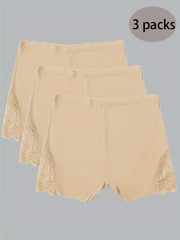 3pcs Lace Boyshort Panties Seamless Scallop Trim Bow Tie Women's Lingerie