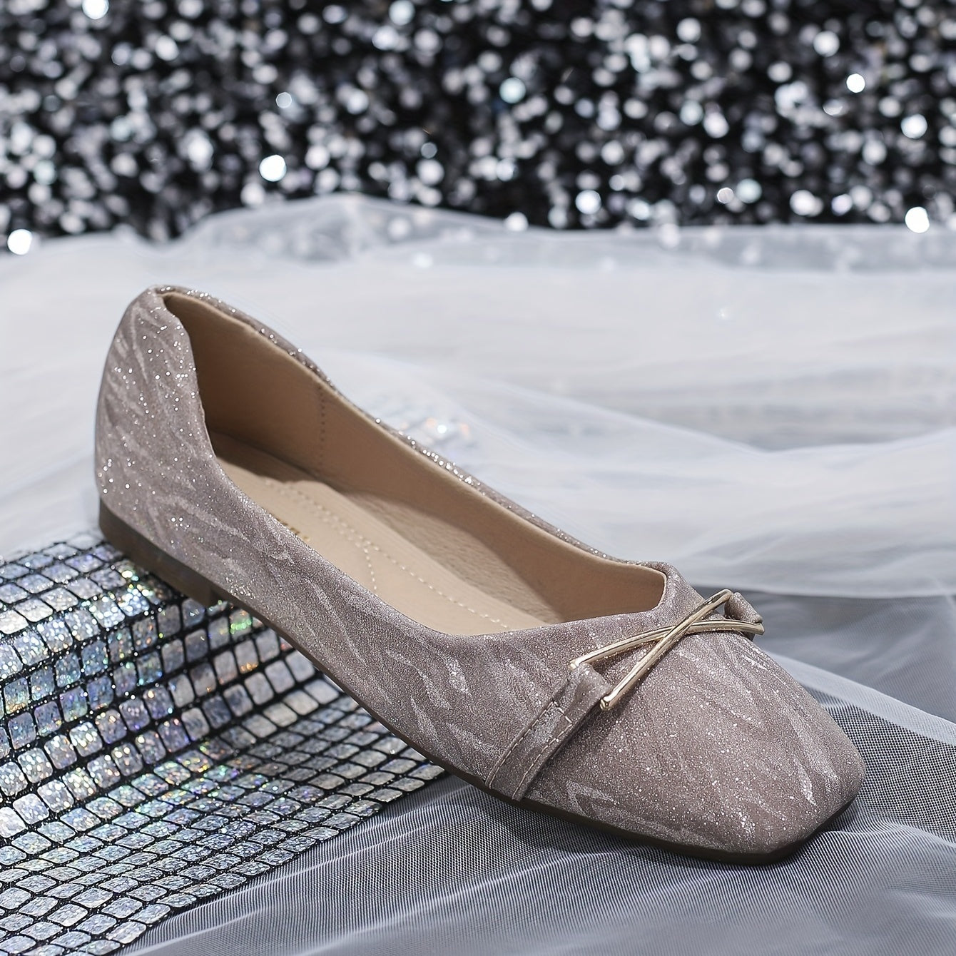 Glitter Ballet Flats Square Toe Walking Shoes Lightweight & Versatile