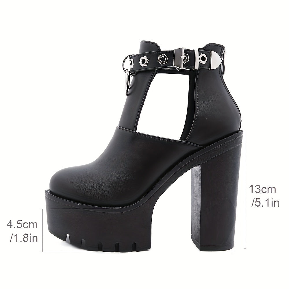 Women's Block Heel Platform Pumps Cutout Buckle Strap Shoes