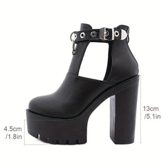 Women's Block Heel Platform Pumps Cutout Buckle Strap Shoes