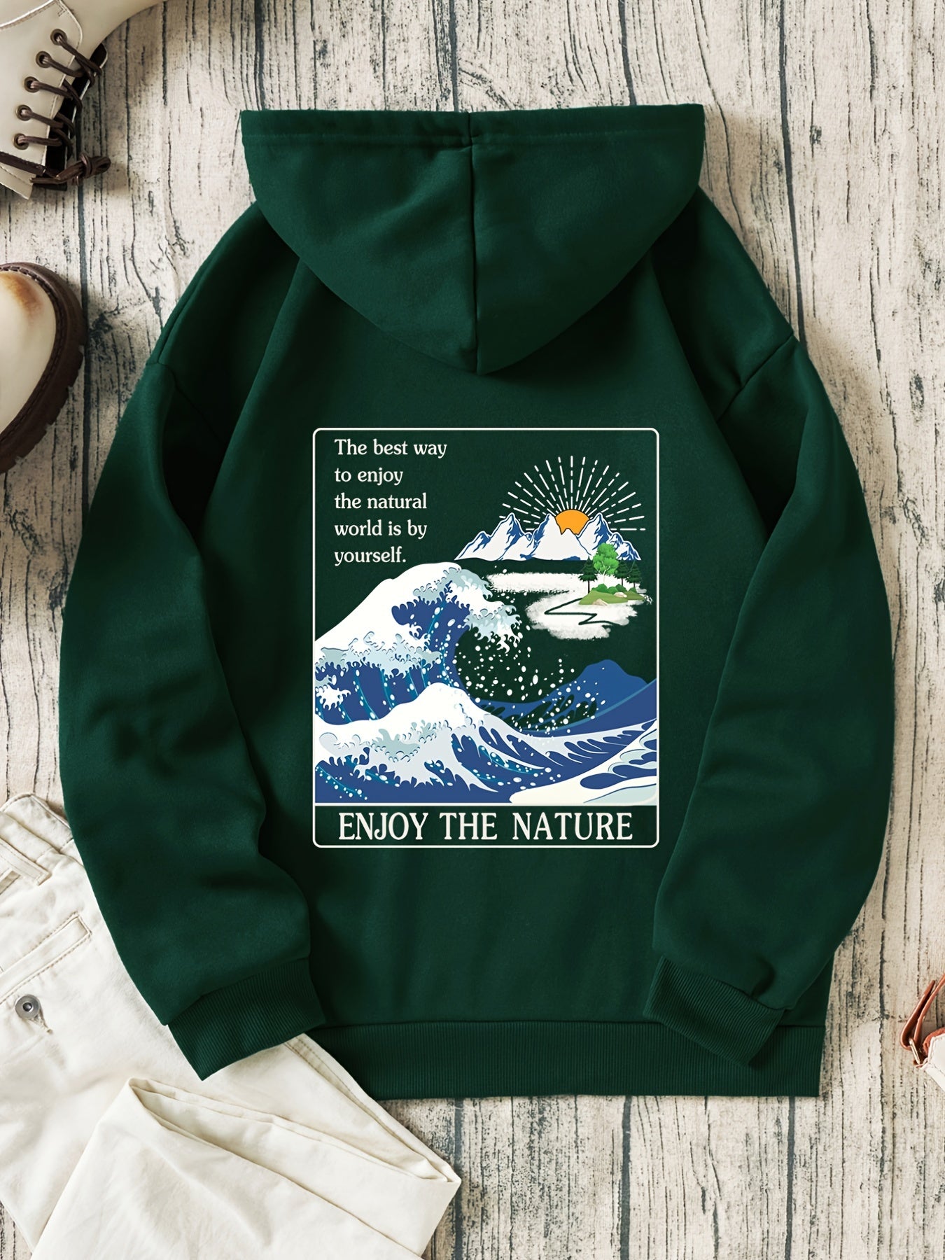 Natural Scenes Letter Print Hooded Sweatshirt Long Sleeve Casual Top