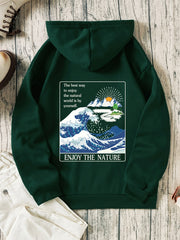 Natural Scenes Letter Print Hooded Sweatshirt Long Sleeve Casual Top