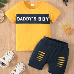 Cotton DADDY' BOY Block Tee Top Ripped Shorts Set