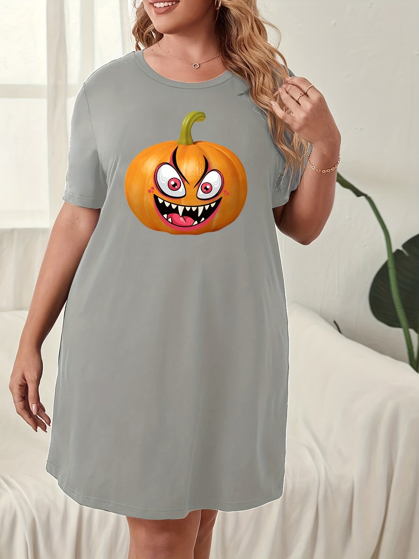 Pumpkin Print Short Sleeve Sleep Dress