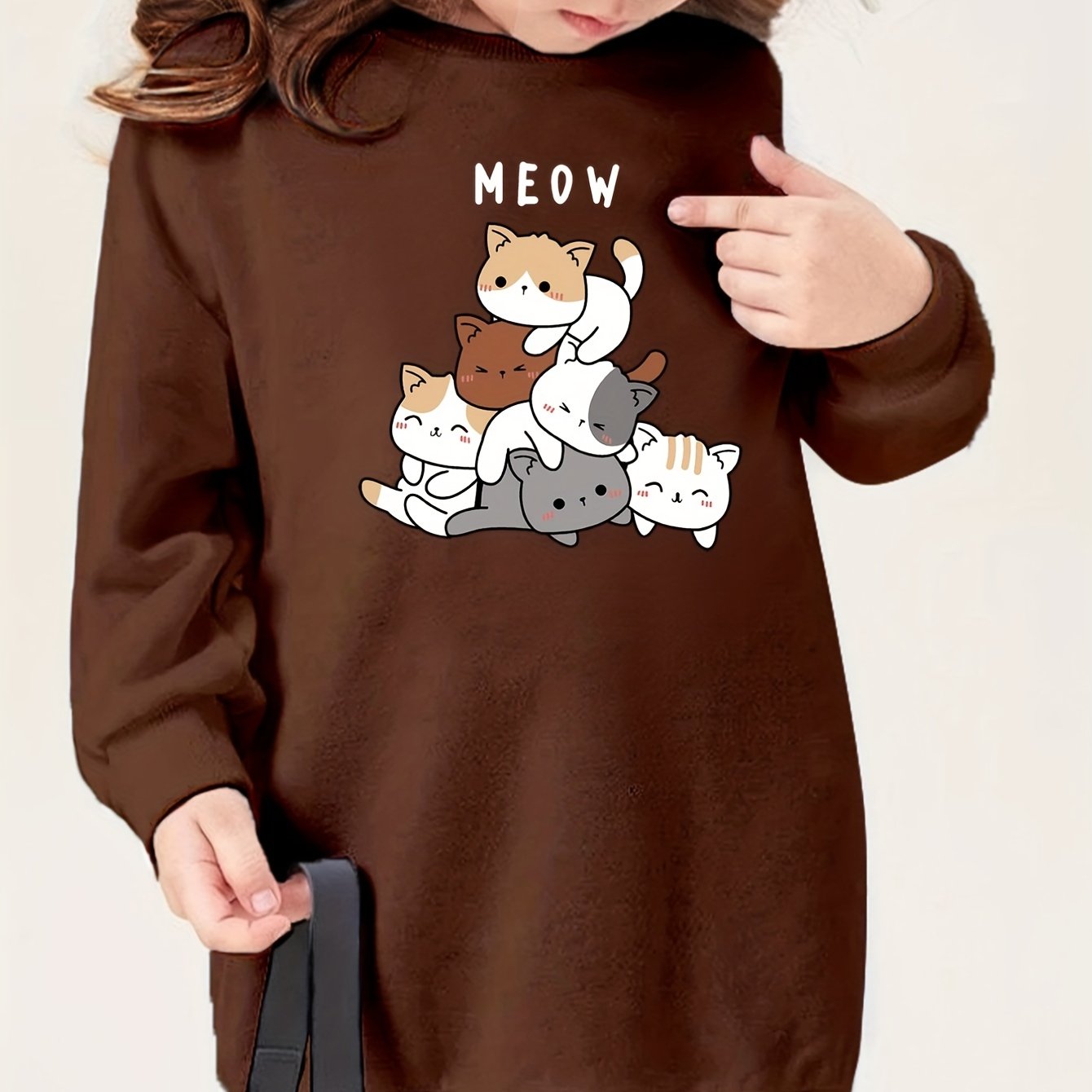Girls' Cartoon Cats Graphic Crew Neck Sweatshirt Dress