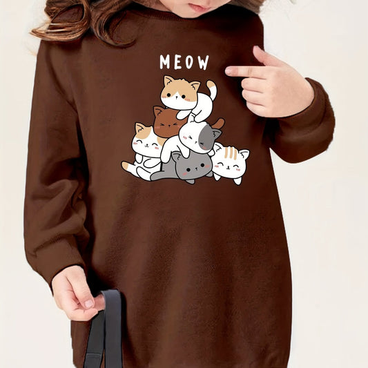 Girls' Cartoon Cats Graphic Crew Neck Sweatshirt Dress