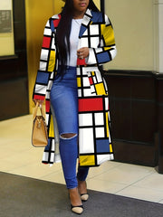Patchwork Print Double Breasted Overcoat Long Coat Fall Winter Women's Clothing