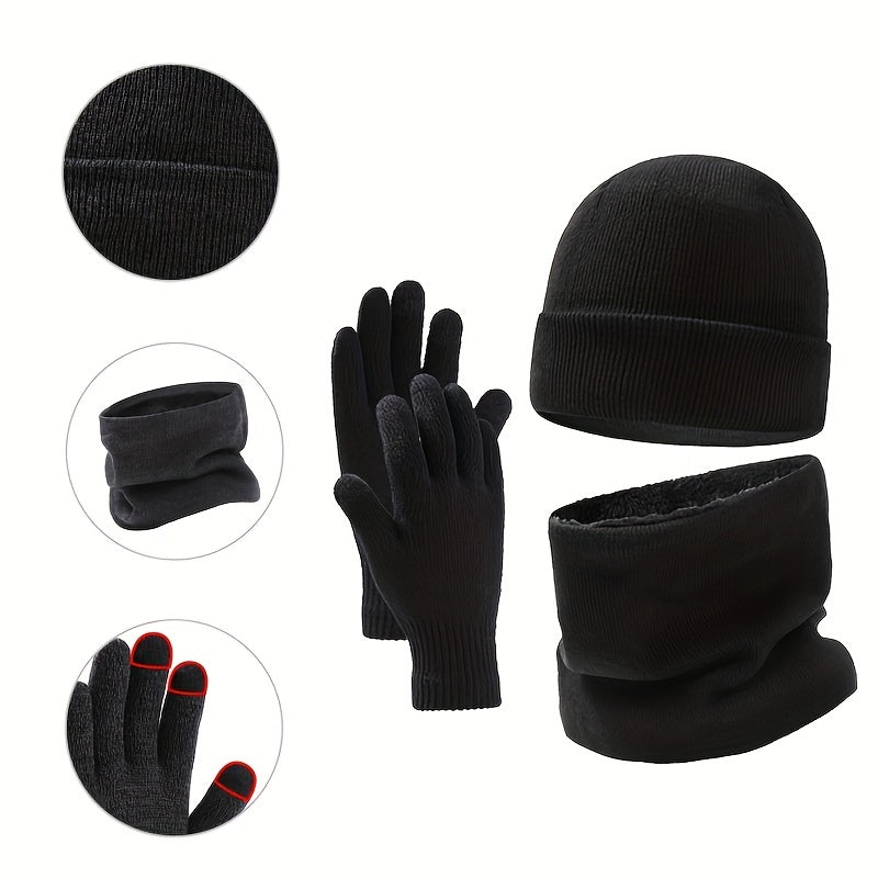 Men's Winter Hat Scarf Gloves Set Velvet Lining