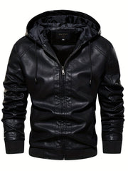 Men's PU Hooded Jacket Zip Up Leather Jacket Spring Fall