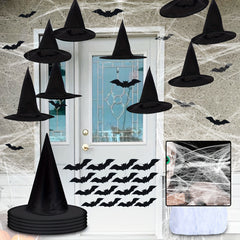 5Pcs Hanging Witch Hats & 16Pcs Bats Decor Set for Halloween