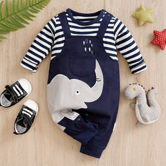 Baby Boys Elephant Print Striped Romper for Spring and Autumn