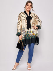 Blouse Women's Plus Tribal Print Lantern Sleeve Knot V Neck Tunic Top