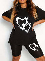 Heart Print 2pc Set Short Sleeve T shirt & Shorts Outfit Women's Clothing