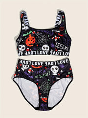 Gothic Underwear Set Skull & Spiderweb Print Bra & Panty Two Piece