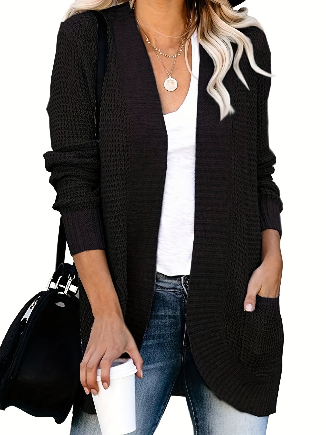 Waffle Solid Knit Cardigan Long Sleeve Sweater With Pockets
