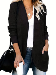 Waffle Solid Knit Cardigan Long Sleeve Sweater With Pockets