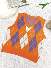 Big Girls Casual V-neck Argyle Graphic Knitted Vest