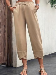Elastic Waist Cropped Pants Casual Solid Versatile Pants With Pockets